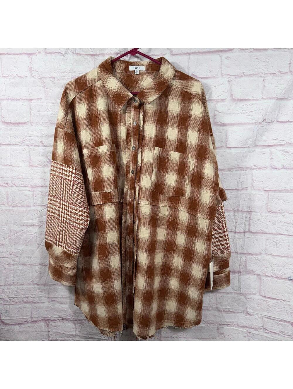 Fate Oversized Plaid Shacket Women’s Large Brown Cream Mixed Print Button NWT